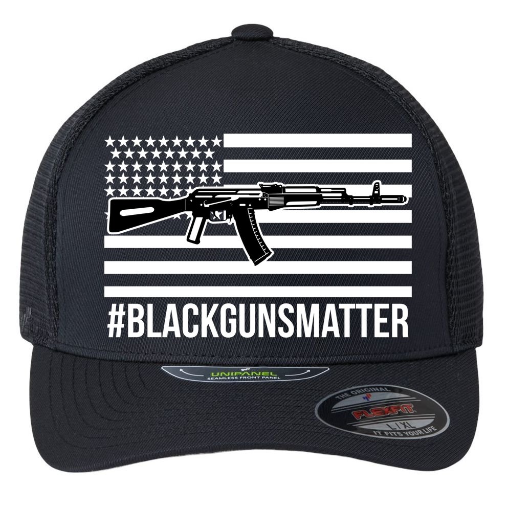 Hashtag Black Guns Matter #blackgunsmatter USA Flag Flexfit Unipanel Trucker Cap