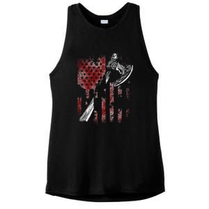 Hatchet Axe Throwing Lumberjack Logger American Flag Ladies PosiCharge Tri-Blend Wicking Tank