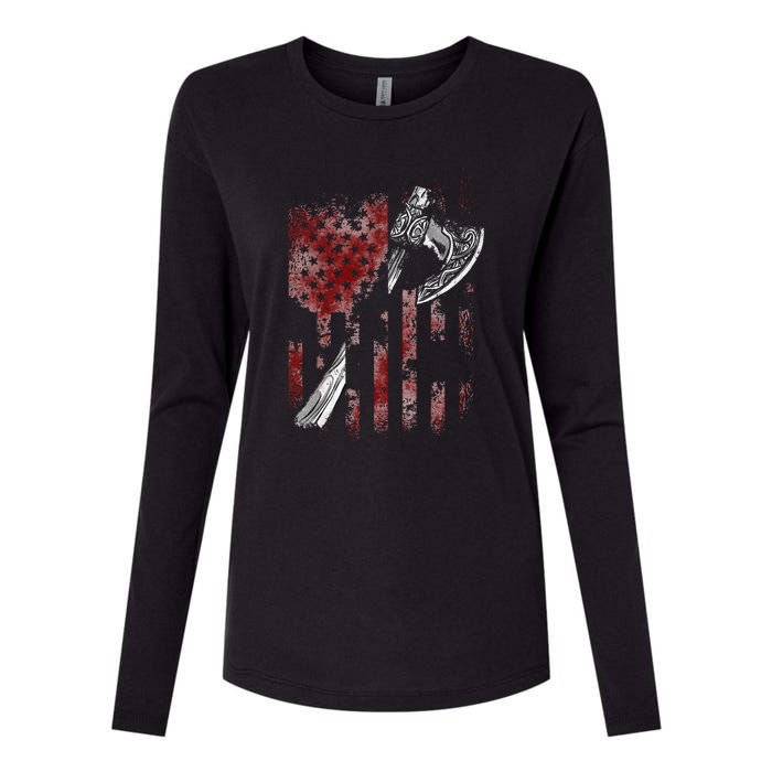 Hatchet Axe Throwing Lumberjack Logger American Flag Womens Cotton Relaxed Long Sleeve T-Shirt