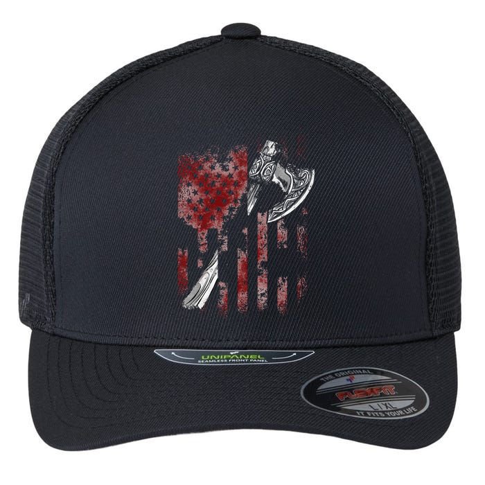 Hatchet Axe Throwing Lumberjack Logger American Flag Flexfit Unipanel Trucker Cap