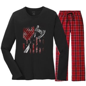 Hatchet Axe Throwing Lumberjack Logger American Flag Women's Long Sleeve Flannel Pajama Set 