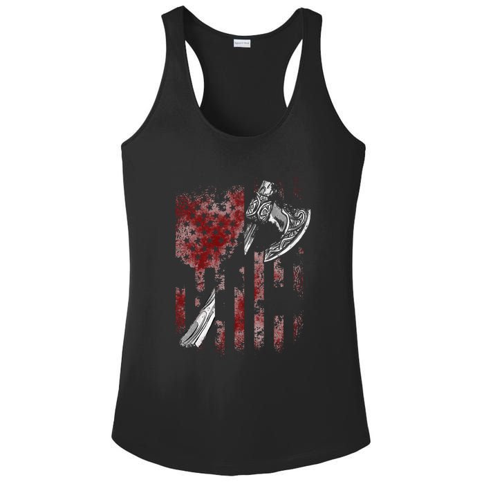 Hatchet Axe Throwing Lumberjack Logger American Flag Ladies PosiCharge Competitor Racerback Tank