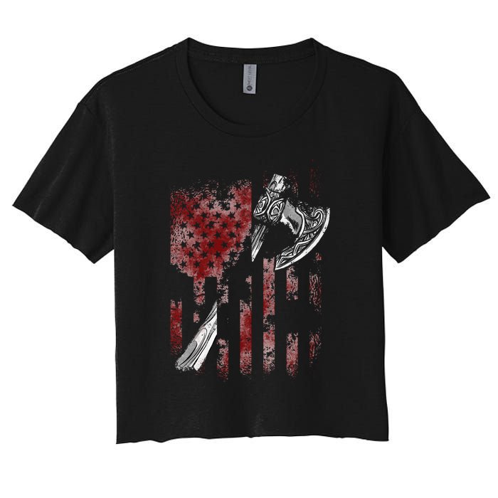 Hatchet Axe Throwing Lumberjack Logger American Flag Women's Crop Top Tee