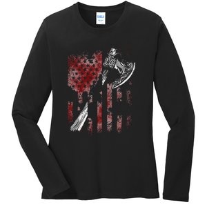 Hatchet Axe Throwing Lumberjack Logger American Flag Ladies Long Sleeve Shirt