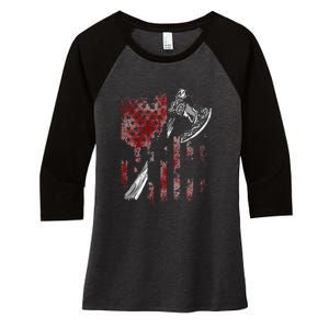 Hatchet Axe Throwing Lumberjack Logger American Flag Women's Tri-Blend 3/4-Sleeve Raglan Shirt