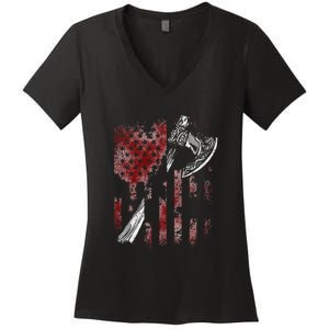 Hatchet Axe Throwing Lumberjack Logger American Flag Women's V-Neck T-Shirt