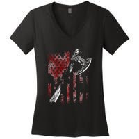 Hatchet Axe Throwing Lumberjack Logger American Flag Women's V-Neck T-Shirt