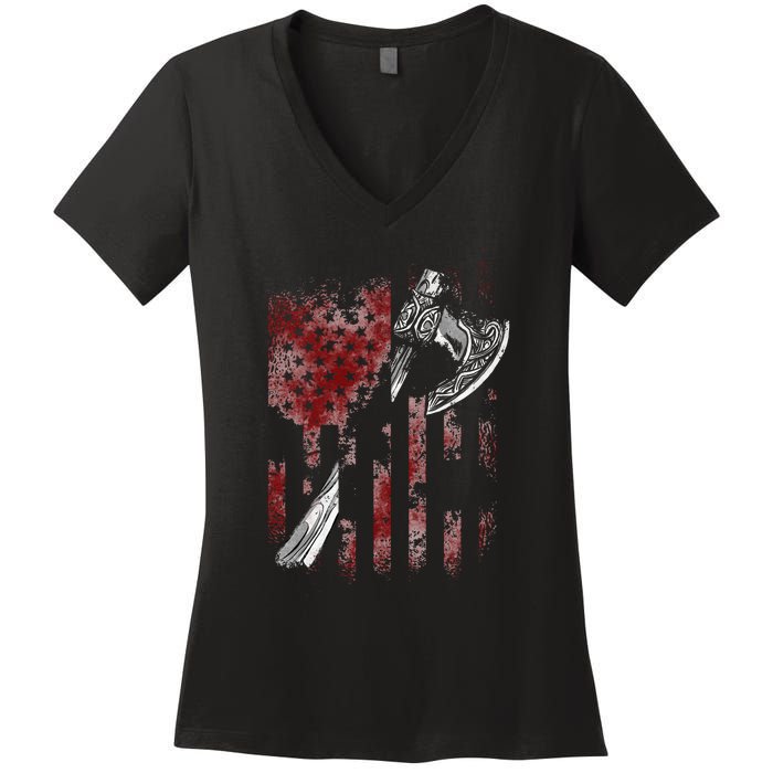 Hatchet Axe Throwing Lumberjack Logger American Flag Women's V-Neck T-Shirt