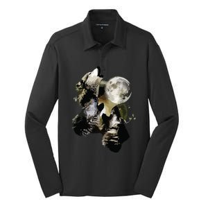 Howling At The Moon Wolves Wolf Animal Silk Touch Performance Long Sleeve Polo