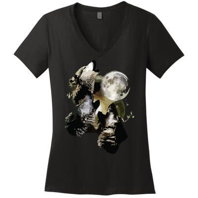 Howling At The Moon Wolves Wolf Animal Women's V-Neck T-Shirt