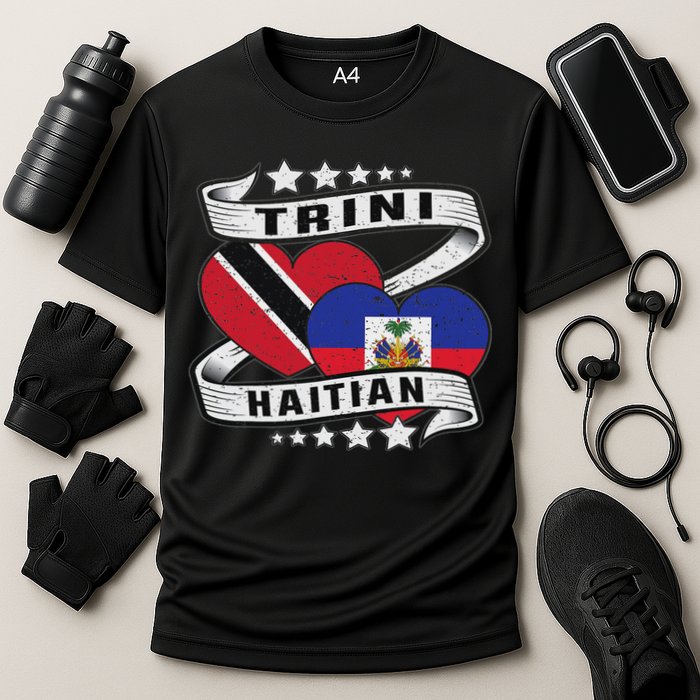 Haitian And Trini Half Trinidad & Tobago Haiti Flag Cooling Performance Crew T-Shirt