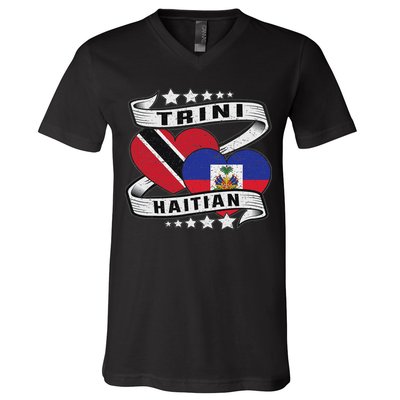 Haitian And Trini Half Trinidad & Tobago Haiti Flag V-Neck T-Shirt