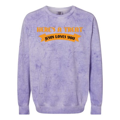 Heres A Treat Jesus Halloween Jesus Loves You Colorblast Crewneck Sweatshirt