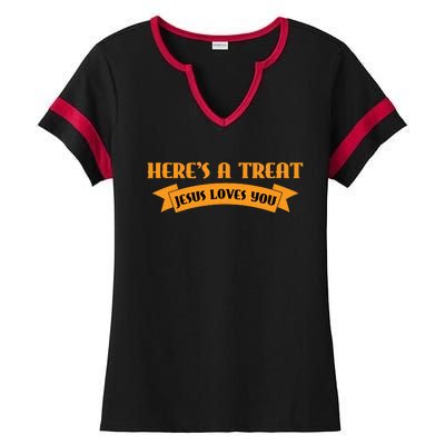 Heres A Treat Jesus Halloween Jesus Loves You Ladies Halftime Notch Neck Tee