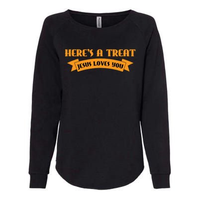 Heres A Treat Jesus Halloween Jesus Loves You Womens California Wash Sweatshirt