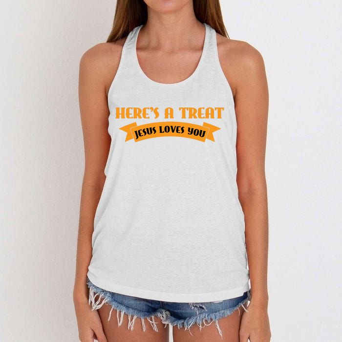 Heres A Treat Jesus Halloween Jesus Loves You Women's Knotted Racerback Tank