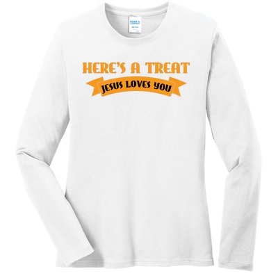 Heres A Treat Jesus Halloween Jesus Loves You Ladies Long Sleeve Shirt