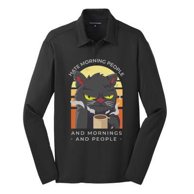 Hate Morning People Cat Funny Silk Touch Performance Long Sleeve Polo