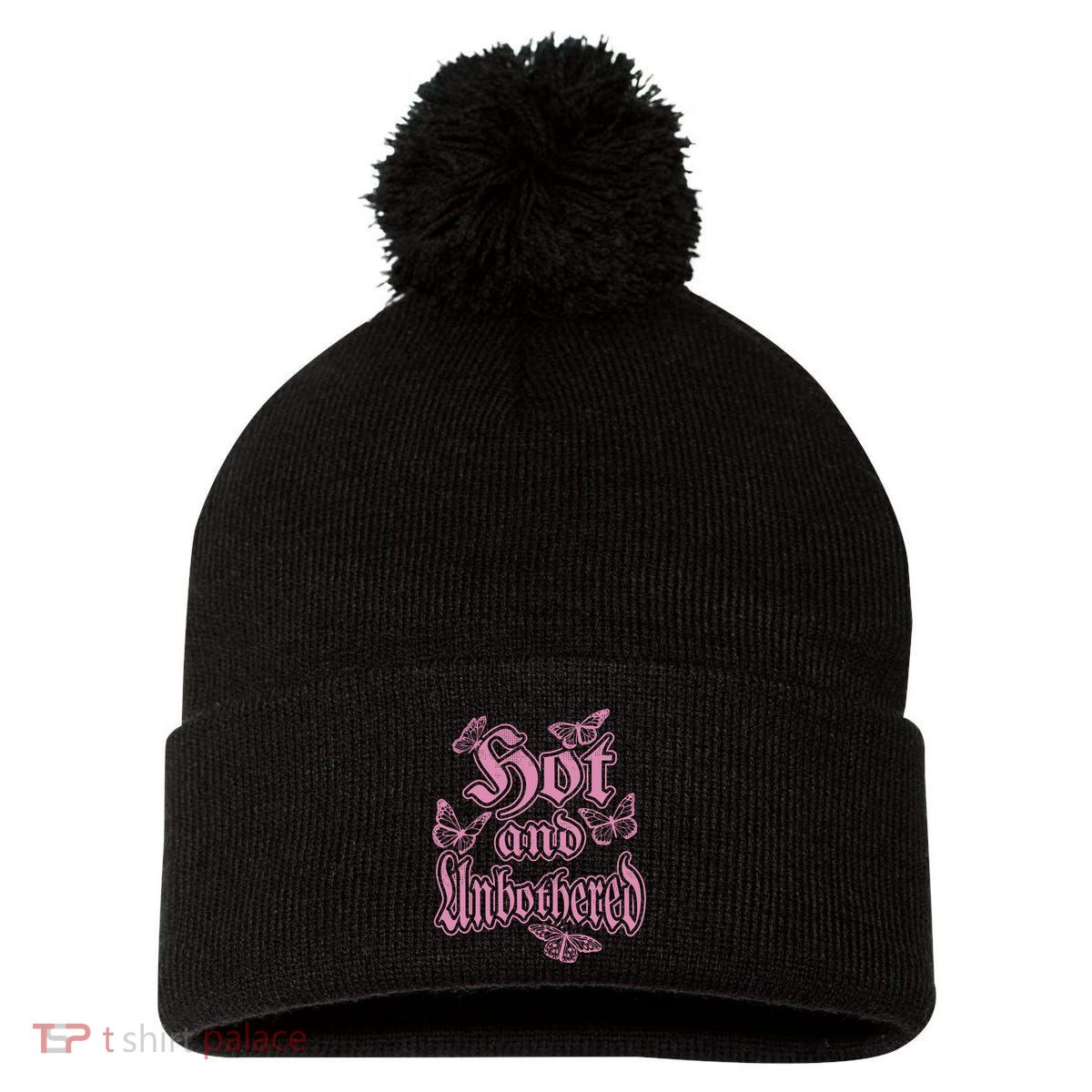Hot And Unbothered Butterfly Quote Pom Pom 12in Knit Beanie