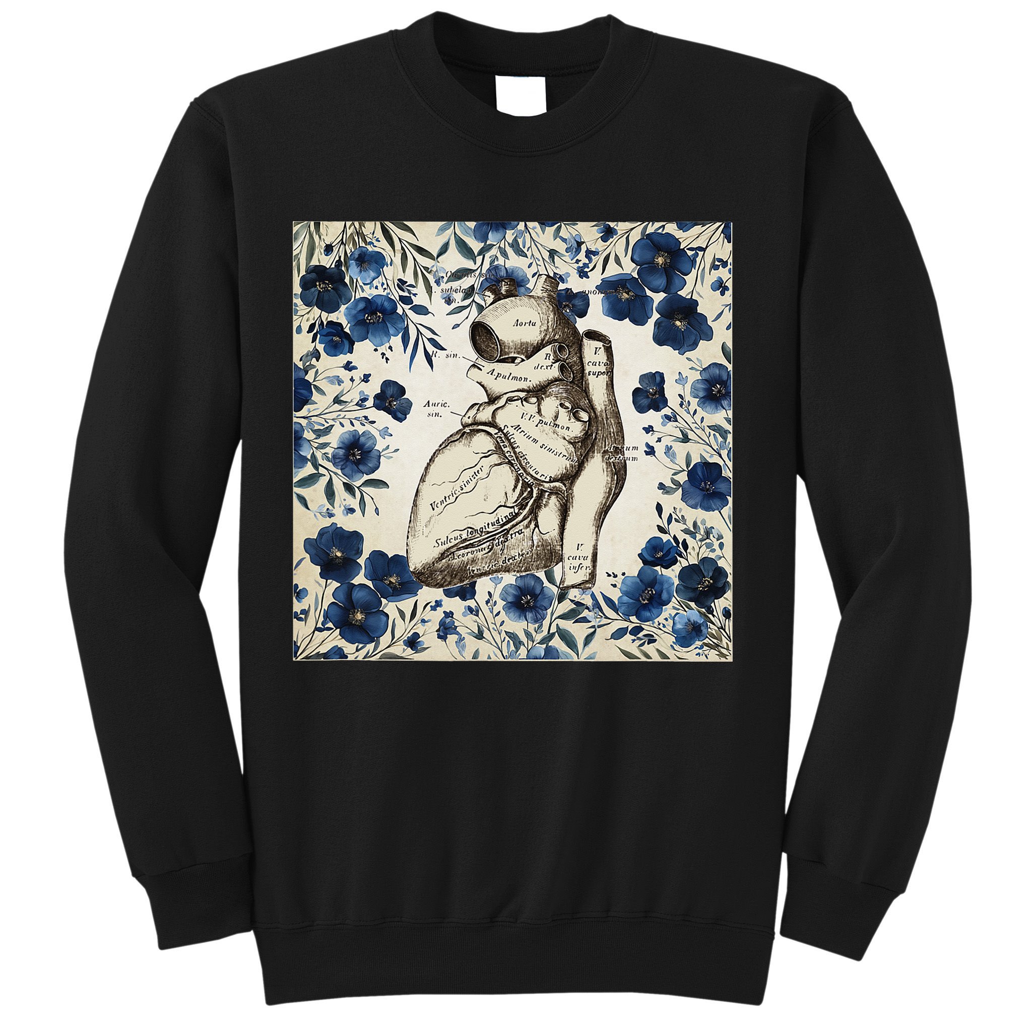 Heart Anatomy Vintage Cardiology Art With Blue Floral Sweatshirt
