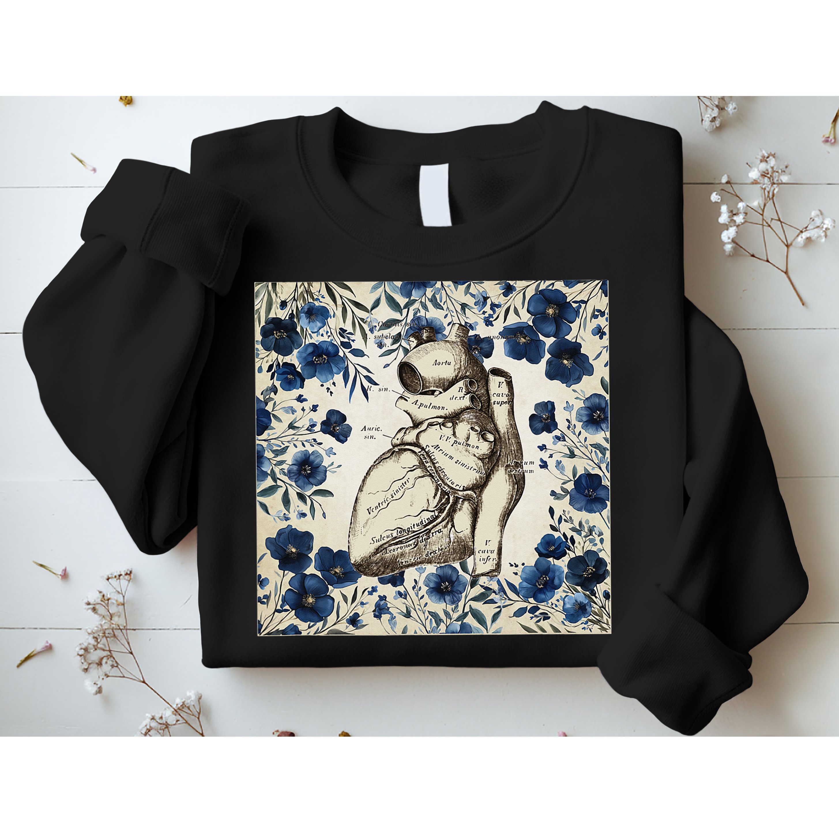 Heart Anatomy Vintage Cardiology Art With Blue Floral Sweatshirt