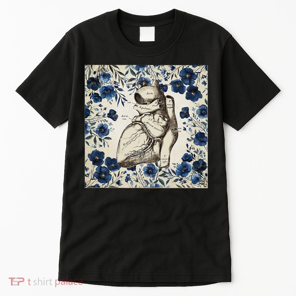 Heart Anatomy Vintage Cardiology Art With Blue Floral Tall T-Shirt