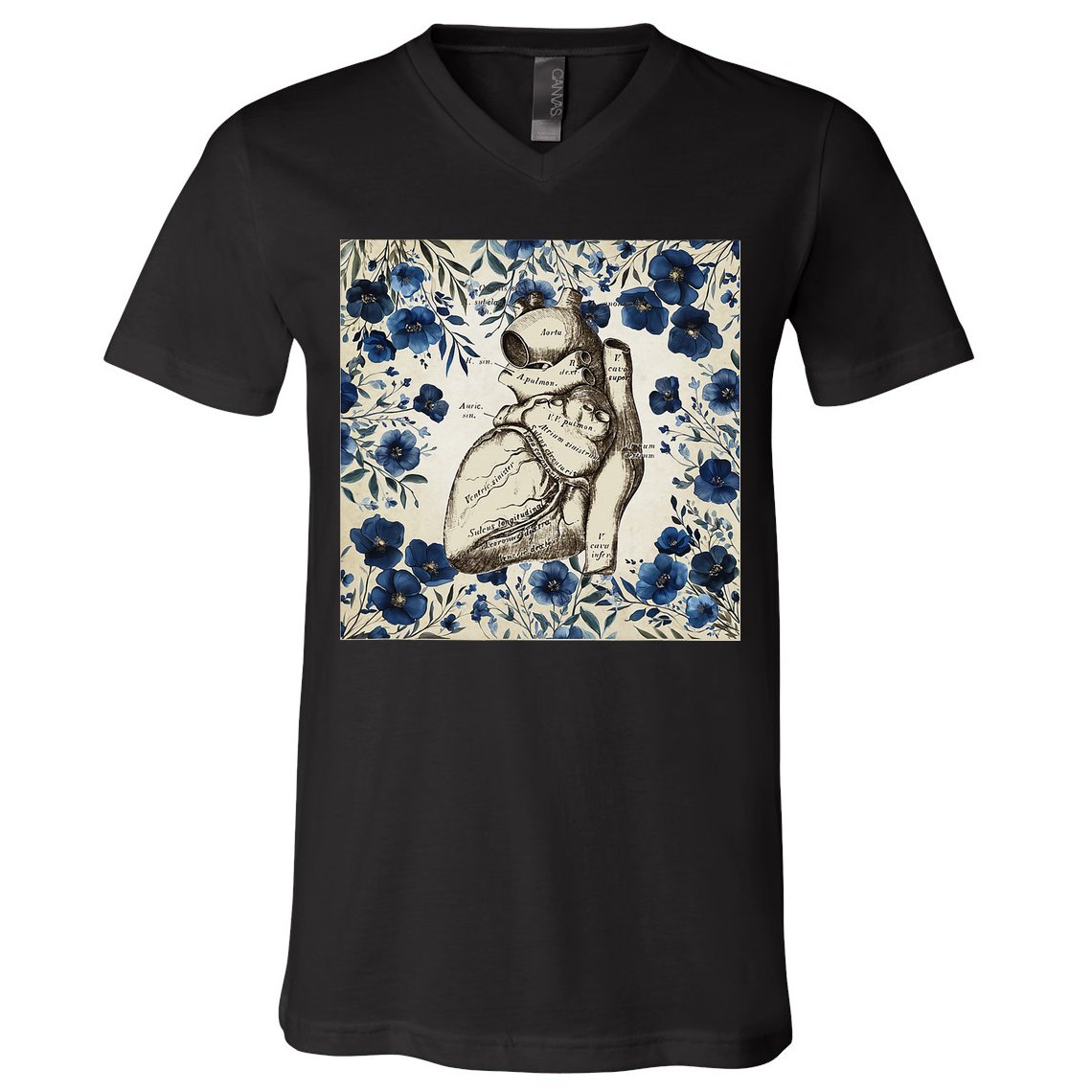 Heart Anatomy Vintage Cardiology Art With Blue Floral V-Neck T-Shirt