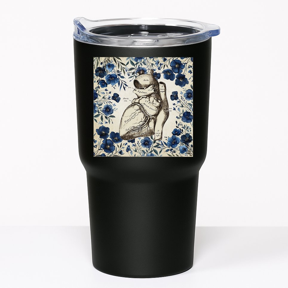 Heart Anatomy Vintage Cardiology Art With Blue Floral Tumbler