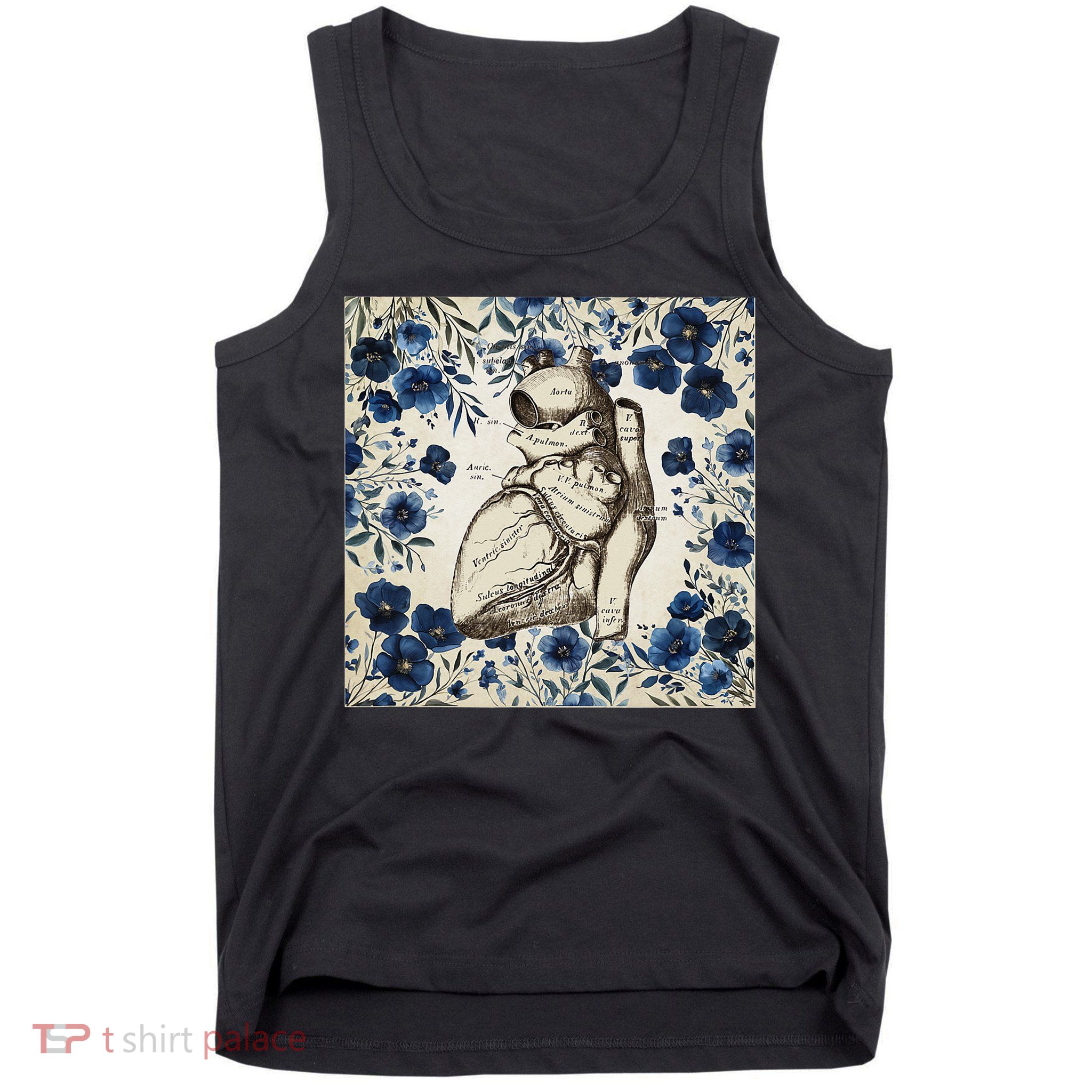 Heart Anatomy Vintage Cardiology Art With Blue Floral Tank Top