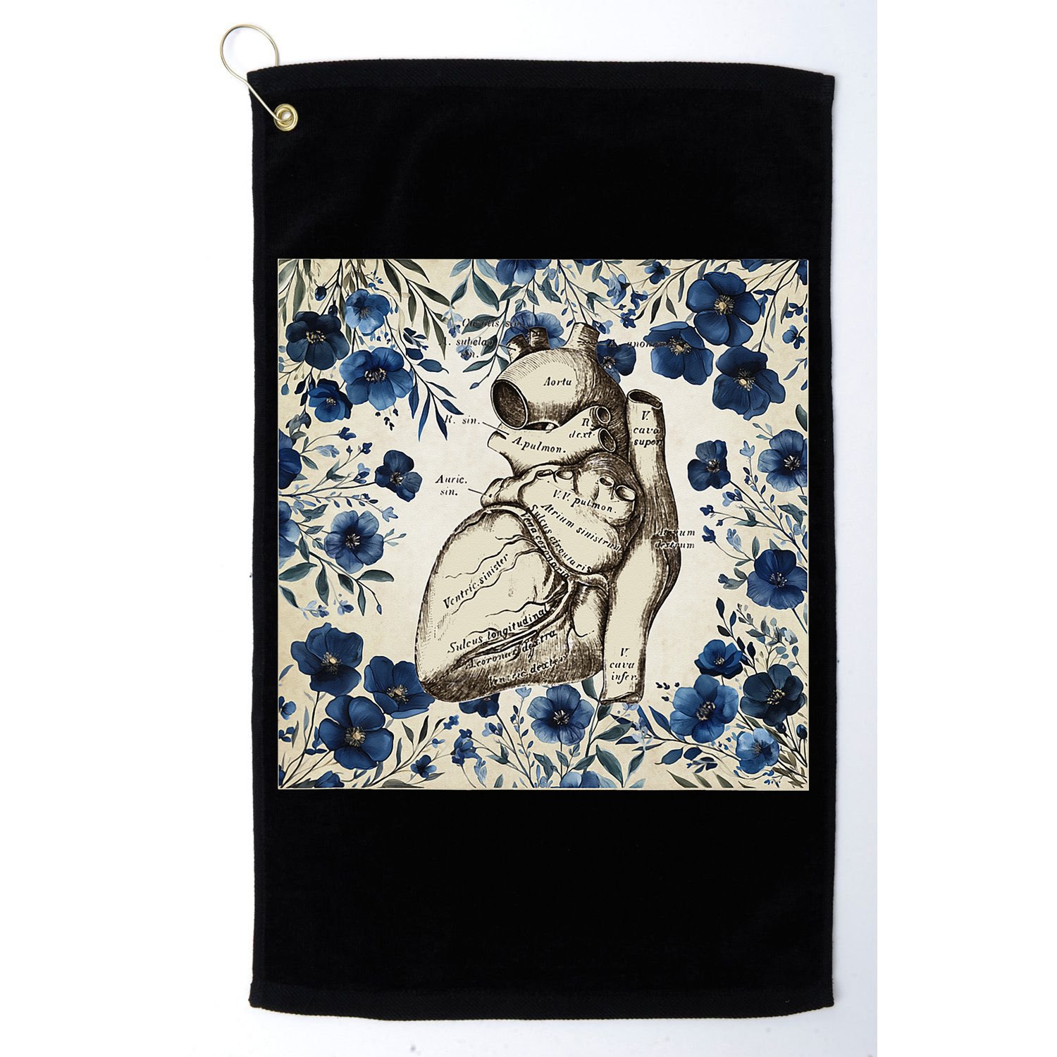 Heart Anatomy Vintage Cardiology Art With Blue Floral Golf Towel