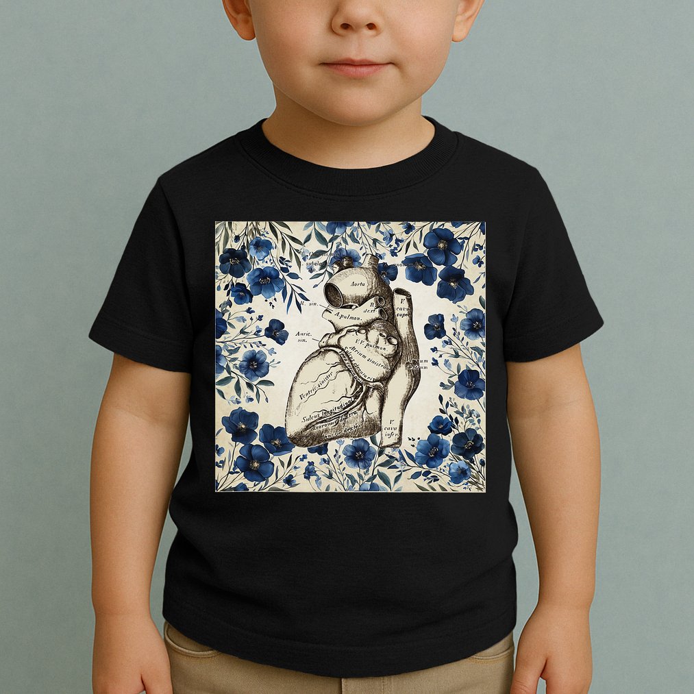 Heart Anatomy Vintage Cardiology Art With Blue Floral Toddler T-Shirt