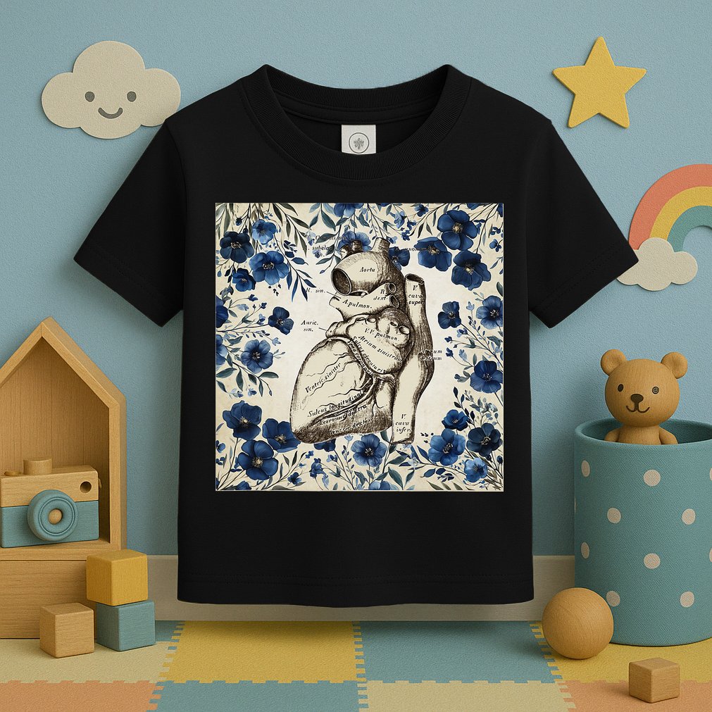 Heart Anatomy Vintage Cardiology Art With Blue Floral Toddler T-Shirt