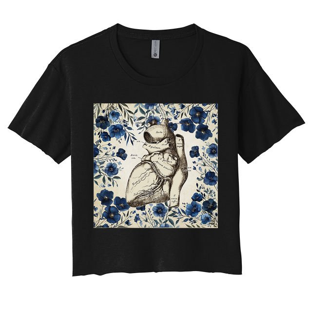 Heart Anatomy Vintage Cardiology Art With Blue Floral Crop Top