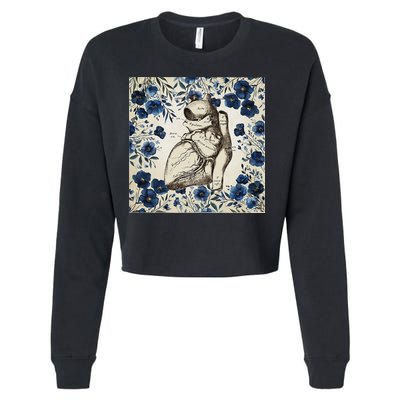 Heart Anatomy Vintage Cardiology Art With Blue Floral Cropped Pullover Crew