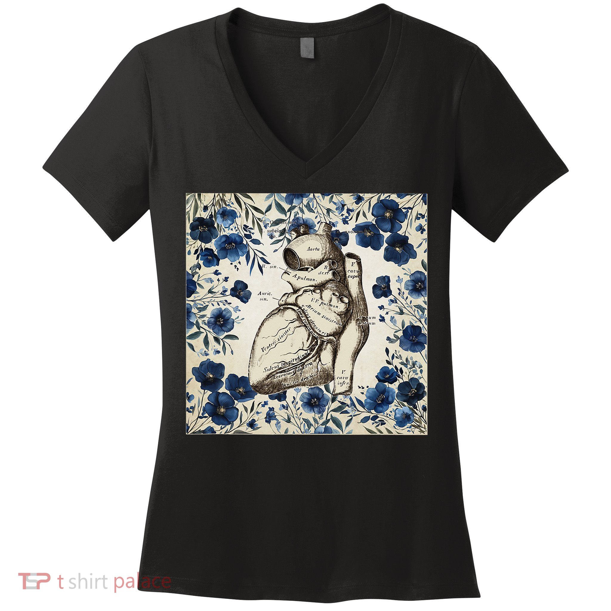 Heart Anatomy Vintage Cardiology Art With Blue Floral Women's V-Neck T-Shirt