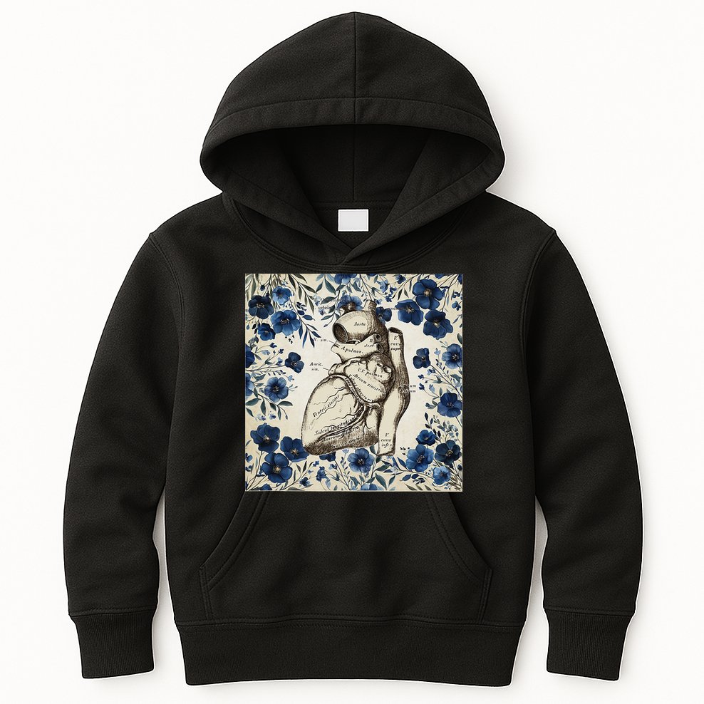Heart Anatomy Vintage Cardiology Art With Blue Floral Kids Hoodie