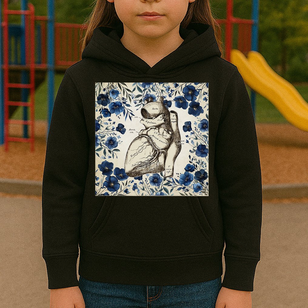 Heart Anatomy Vintage Cardiology Art With Blue Floral Kids Hoodie