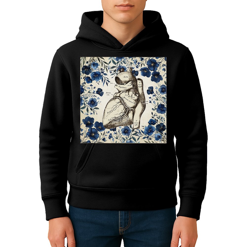 Heart Anatomy Vintage Cardiology Art With Blue Floral Kids Hoodie