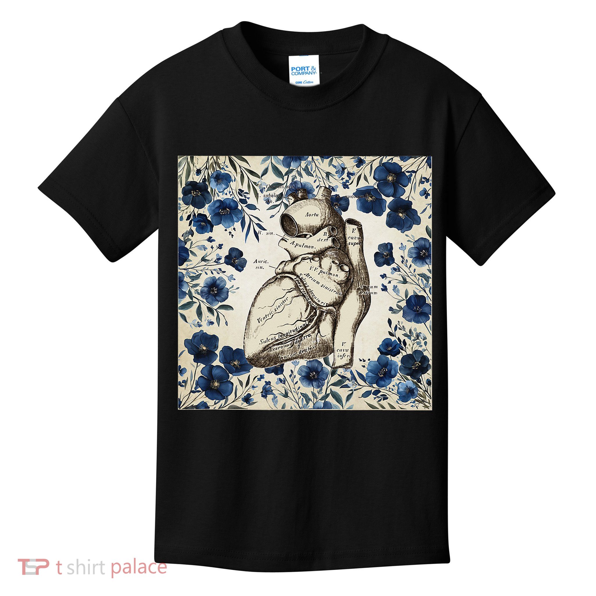 Heart Anatomy Vintage Cardiology Art With Blue Floral Kids T-Shirt