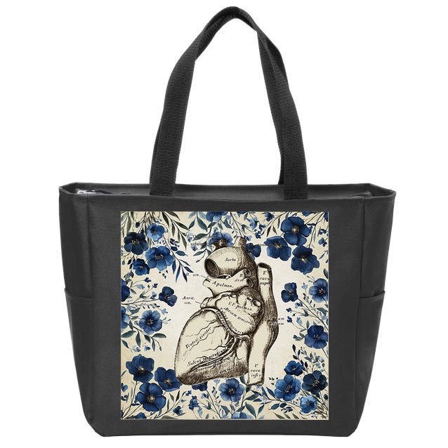 Heart Anatomy Vintage Cardiology Art With Blue Floral Zip Tote Bag