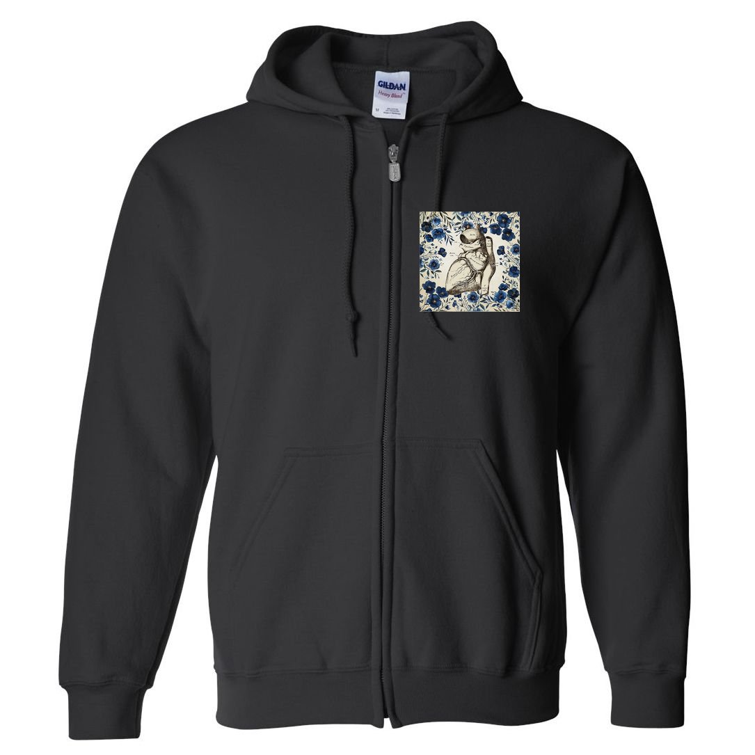 Heart Anatomy Vintage Cardiology Art With Blue Floral Full Zip Hoodie