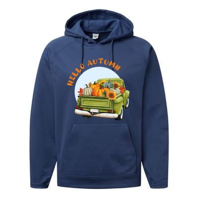 Hello Autumn Vintage Truck And Pumpkins Illustration Performance Fleece Hoodie