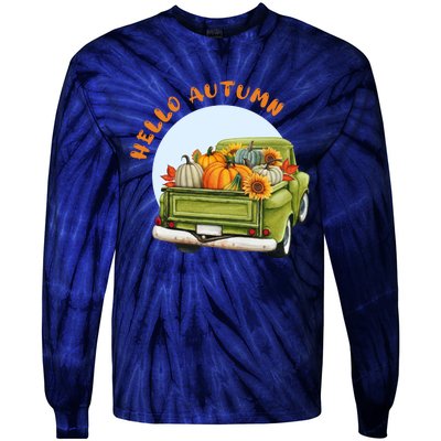 Hello Autumn Vintage Truck And Pumpkins Illustration Tie-Dye Long Sleeve Shirt