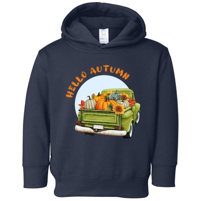 Hello Autumn Vintage Truck And Pumpkins Illustration Toddler Hoodie