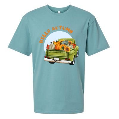 Hello Autumn Vintage Truck And Pumpkins Illustration Sueded Cloud Jersey T-Shirt