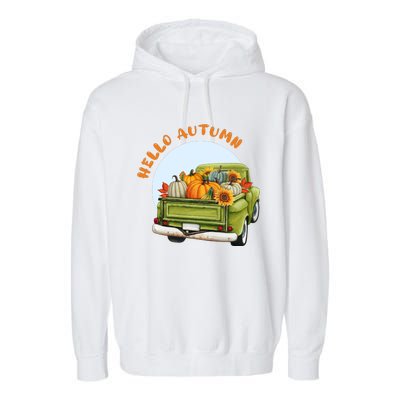 Hello Autumn Vintage Truck And Pumpkins Illustration Garment-Dyed Fleece Hoodie