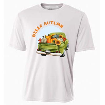 Hello Autumn Vintage Truck And Pumpkins Illustration Cooling Performance Crew T-Shirt