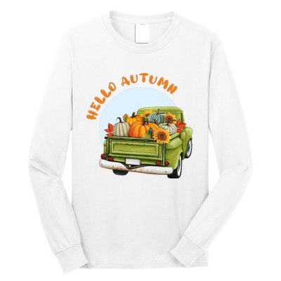 Hello Autumn Vintage Truck And Pumpkins Illustration Long Sleeve Shirt