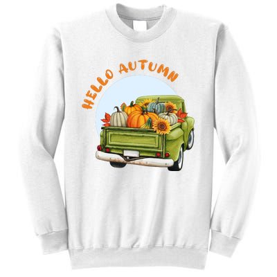 Hello Autumn Vintage Truck And Pumpkins Illustration Sweatshirt