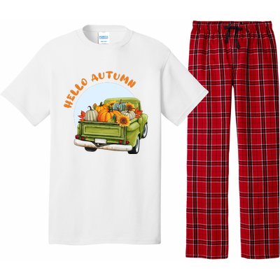 Hello Autumn Vintage Truck And Pumpkins Illustration Pajama Set